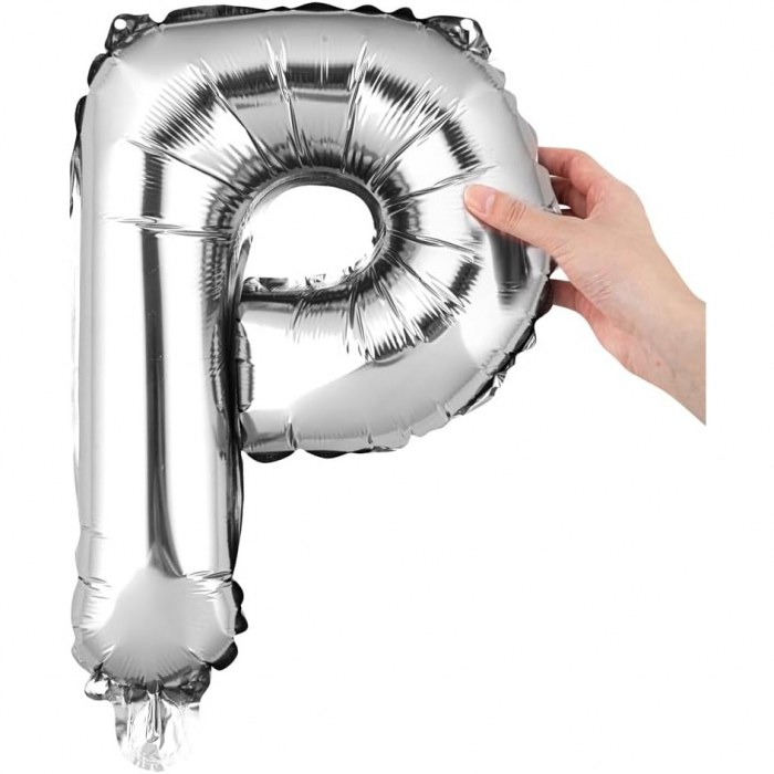 Balon Folie Metalizata Litera P, Flippy, 80 cm, Umflati cu Heliu sau Aer, Ambalaj Individual, Pai inclus, Argintiu [6]