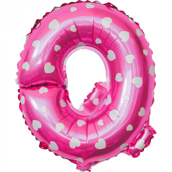 Balon Folie Metalizata Litera Q, Flippy, 40 cm, Cu Imprimeu Inimioare, Umflati cu Heliu sau Aer, Ambalaj Individual, Pai inclus, Roz [1]