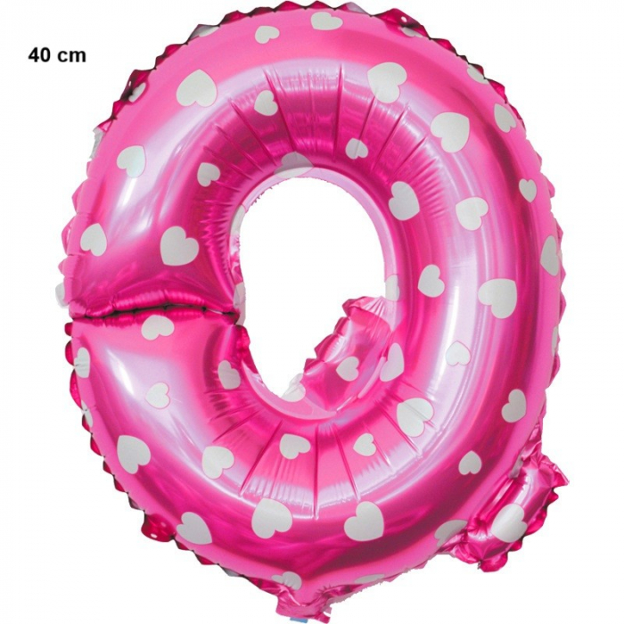 Balon Folie Metalizata Litera Q, Flippy, 40 cm, Cu Imprimeu Inimioare, Umflati cu Heliu sau Aer, Ambalaj Individual, Pai inclus, Roz [2]