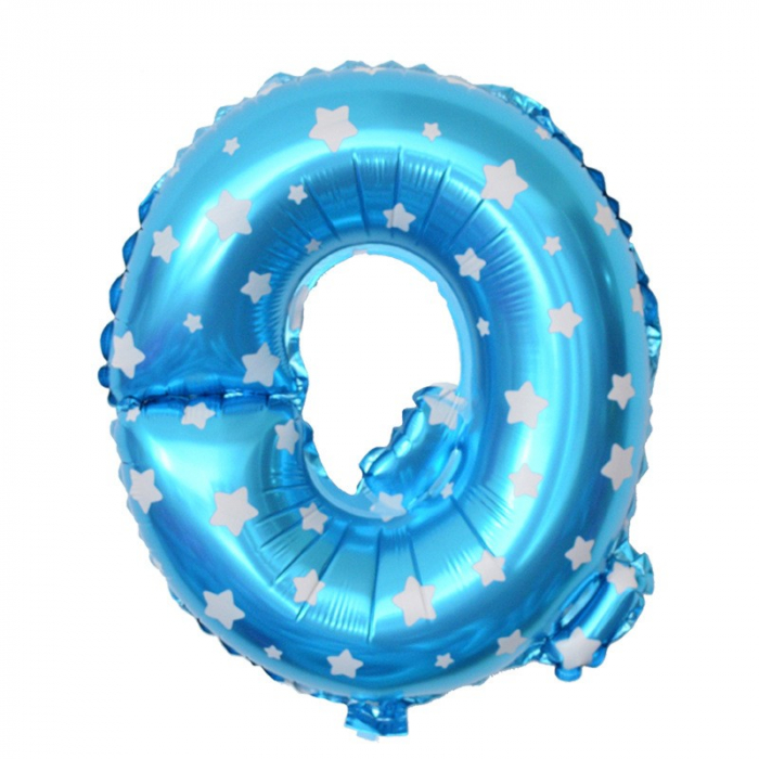 Balon Folie Metalizata Litera Q, Flippy, 40 cm, Cu Imprimeu Stelute, Umflati cu Heliu sau Aer, Ambalaj Individual, Pai inclus, Albastru [3]