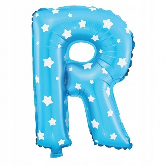 Balon Folie Metalizata Litera R, Flippy, 40 cm, Cu Imprimeu Stelute, Umflati cu Heliu sau Aer, Ambalaj Individual, Pai inclus, Albastru [3]