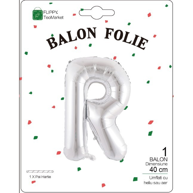Balon Folie Metalizata Litera R, Flippy, 40 cm, Umflati cu Heliu sau Aer, Ambalaj Individual, Pai inclus, Argintiu [2]