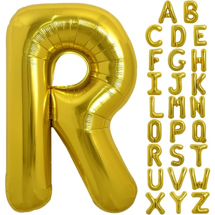 Balon Folie Metalizata Litera R, Flippy, 80 cm, Umflati cu Heliu sau Aer, Ambalaj Individual, Pai inclus, Auriu [4]