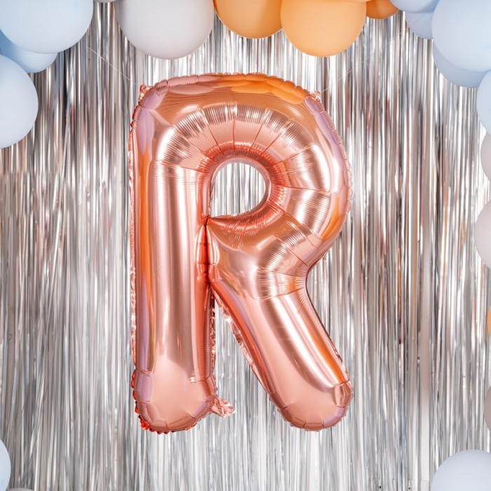 Balon Folie Metalizata Litera R, Flippy, 80 cm, Umflati cu Heliu sau Aer, Ambalaj Individual, Pai inclus, Rose Gold [7]