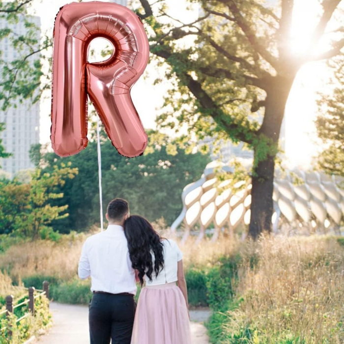 Balon Folie Metalizata Litera R, Flippy, 80 cm, Umflati cu Heliu sau Aer, Ambalaj Individual, Pai inclus, Rose Gold [3]