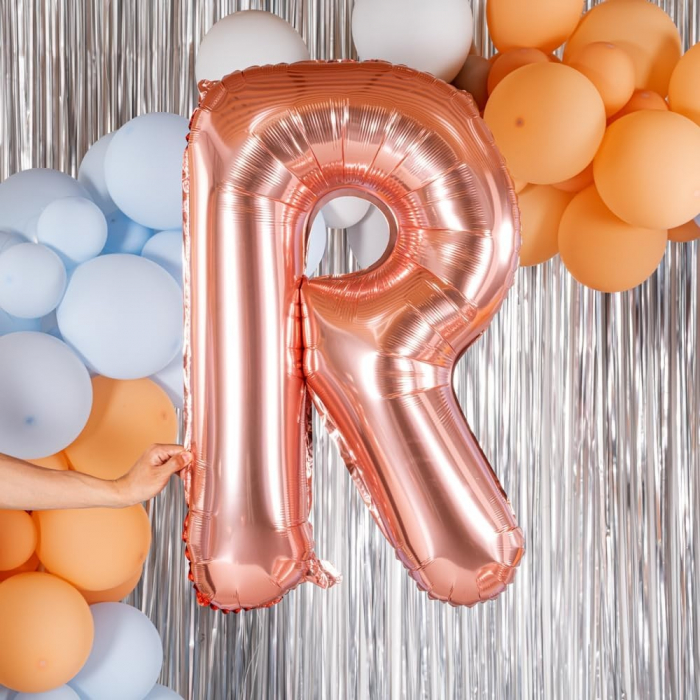 Balon Folie Metalizata Litera R, Flippy, 80 cm, Umflati cu Heliu sau Aer, Ambalaj Individual, Pai inclus, Rose Gold [5]