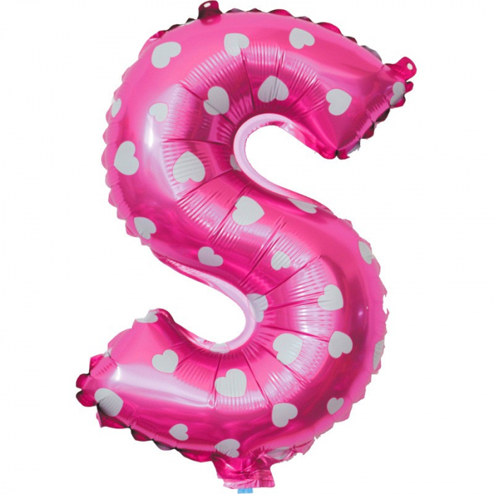 Balon Folie Metalizata Litera S, Flippy, 40 cm, Cu Imprimeu Inimioare, Umflati cu Heliu sau Aer, Ambalaj Individual, Pai inclus, Roz [3]