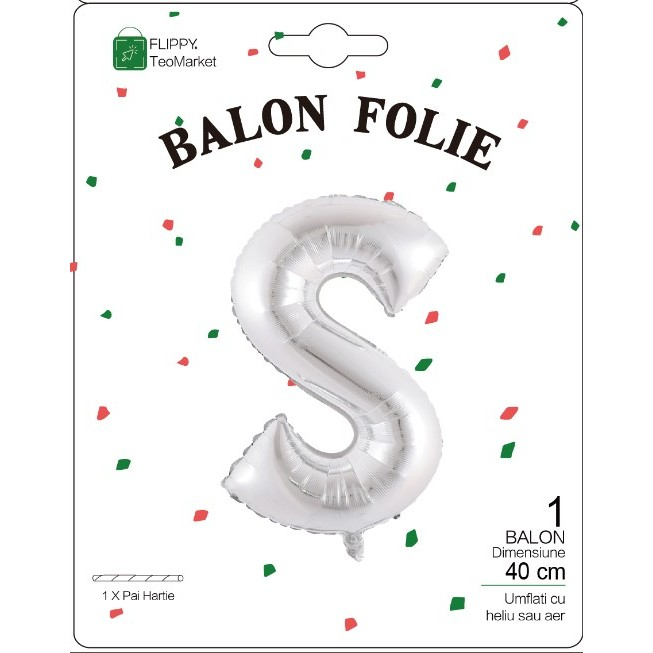 Balon Folie Metalizata Litera S, Flippy, 40 cm, Umflati cu Heliu sau Aer, Ambalaj Individual, Pai inclus, Argintiu [2]