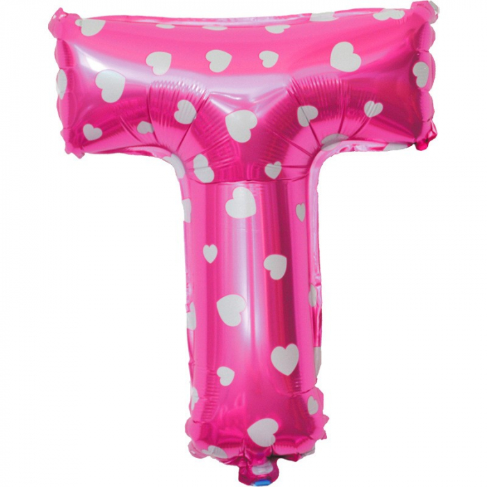 Balon Folie Metalizata Litera T, Flippy, 40 cm, Cu Imprimeu Inimioare, Umflati cu Heliu sau Aer, Ambalaj Individual, Pai inclus, Roz [3]