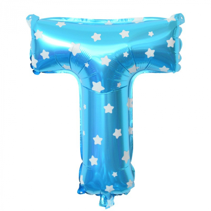 Balon Folie Metalizata Litera T, Flippy, 40 cm, Cu Imprimeu Stelute, Umflati cu Heliu sau Aer, Ambalaj Individual, Pai inclus, Albastru [1]