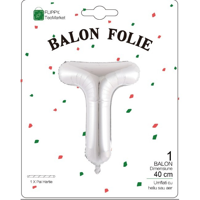 Balon Folie Metalizata Litera T, Flippy, 40 cm, Umflati cu Heliu sau Aer, Ambalaj Individual, Pai inclus, Argintiu [2]
