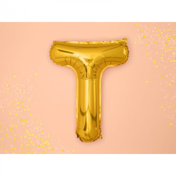 Balon Folie Metalizata Litera T, Flippy, 40 cm, Umflati cu Heliu sau Aer, Ambalaj Individual, Pai inclus, Auriu [3]