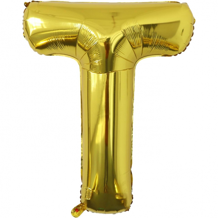 Balon Folie Metalizata Litera T, Flippy, 80 cm, Umflati cu Heliu sau Aer, Ambalaj Individual, Pai inclus, Auriu [1]