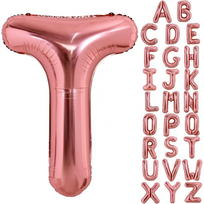 Balon Folie Metalizata Litera T, Flippy, 80 cm, Umflati cu Heliu sau Aer, Ambalaj Individual, Pai inclus, Rose Gold [8]