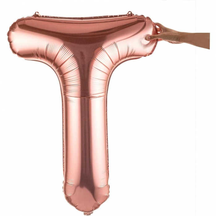 Balon Folie Metalizata Litera T, Flippy, 80 cm, Umflati cu Heliu sau Aer, Ambalaj Individual, Pai inclus, Rose Gold [5]