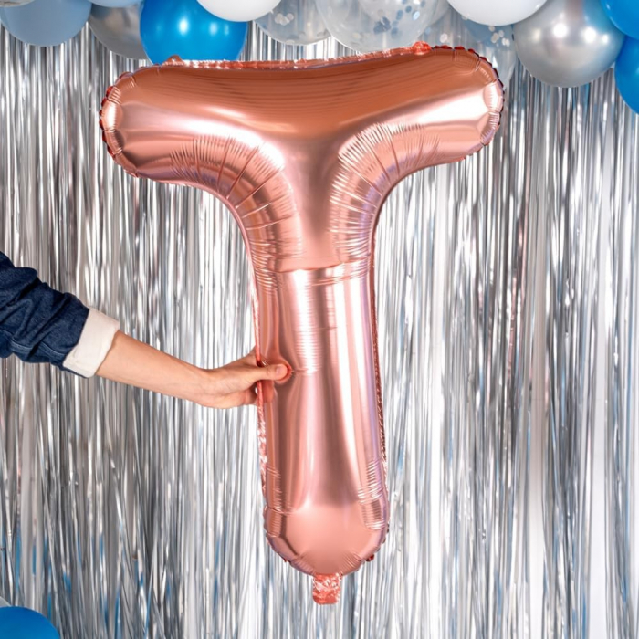Balon Folie Metalizata Litera T, Flippy, 80 cm, Umflati cu Heliu sau Aer, Ambalaj Individual, Pai inclus, Rose Gold [2]