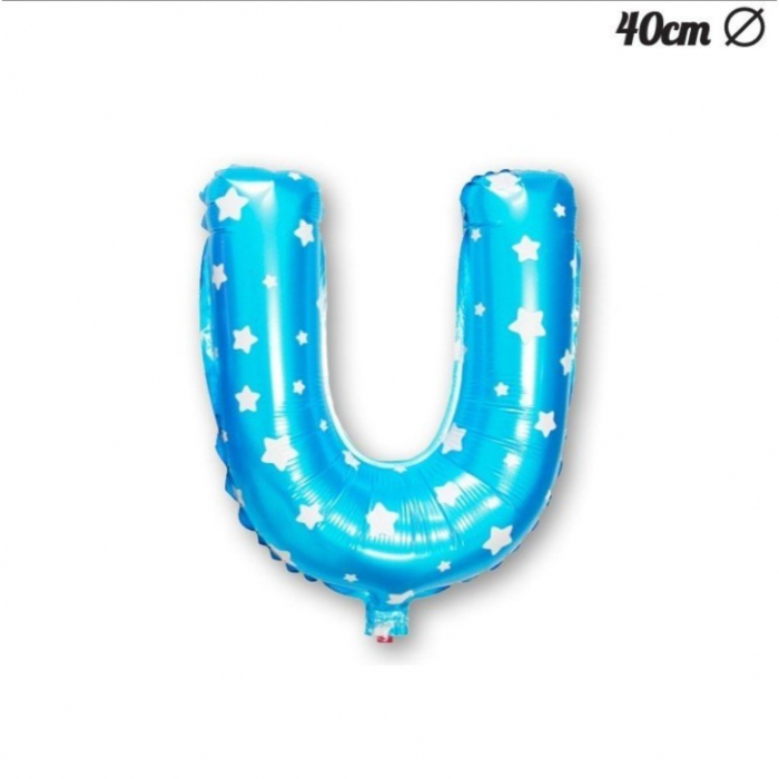 Balon Folie Metalizata Litera U, Flippy, 40 cm, Cu Imprimeu Stelute, Umflati cu Heliu sau Aer, Ambalaj Individual, Pai inclus, Albastru [4]