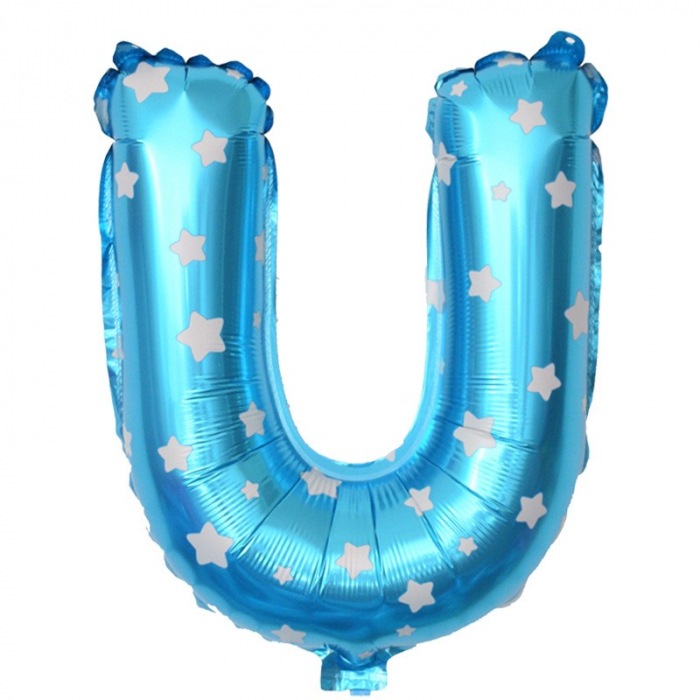 Balon Folie Metalizata Litera U, Flippy, 40 cm, Cu Imprimeu Stelute, Umflati cu Heliu sau Aer, Ambalaj Individual, Pai inclus, Albastru [1]