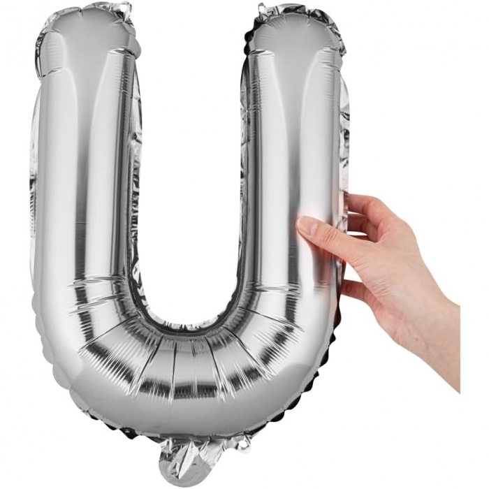Balon Folie Metalizata Litera U, Flippy, 80 cm, Umflati cu Heliu sau Aer, Ambalaj Individual, Pai inclus, Argintiu [6]