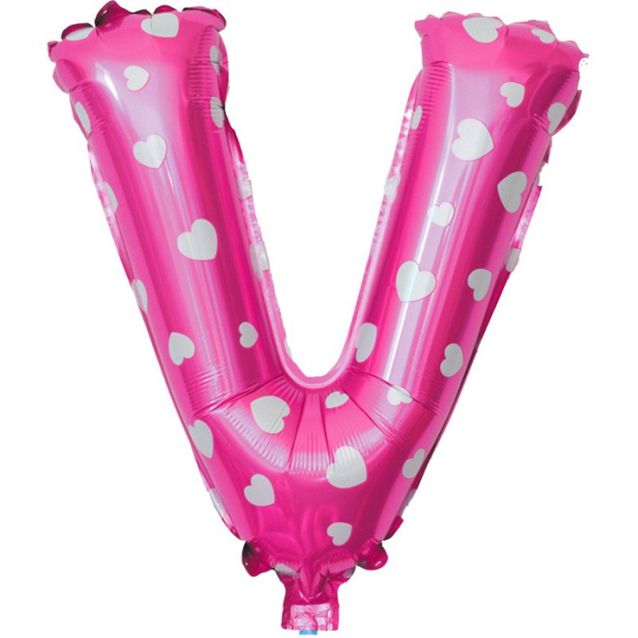 Balon Folie Metalizata Litera V, Flippy, 40 cm, Cu Imprimeu Inimioare, Umflati cu Heliu sau Aer, Ambalaj Individual, Pai inclus, Roz [1]
