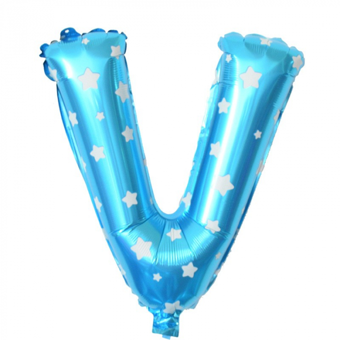 Balon Folie Metalizata Litera V, Flippy, 40 cm, Cu Imprimeu Stelute, Umflati cu Heliu sau Aer, Ambalaj Individual, Pai inclus, Albastru [3]
