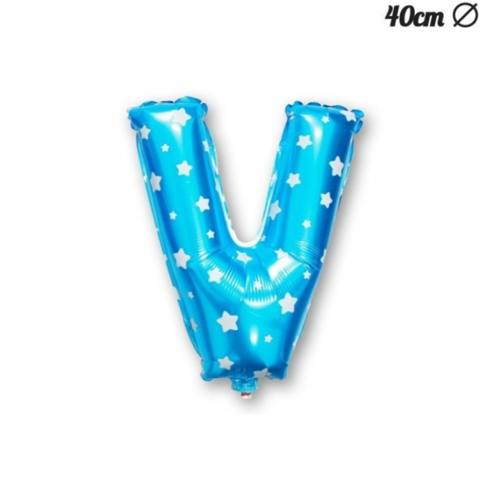 Balon Folie Metalizata Litera V, Flippy, 40 cm, Cu Imprimeu Stelute, Umflati cu Heliu sau Aer, Ambalaj Individual, Pai inclus, Albastru [4]