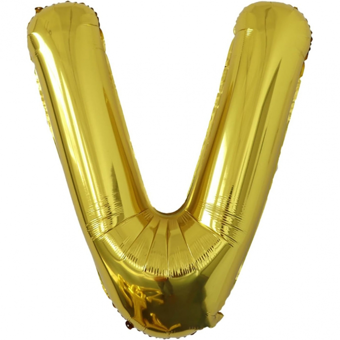 Balon Folie Metalizata Litera V, Flippy, 40 cm, Umflati cu Heliu sau Aer, Ambalaj Individual, Pai inclus, Auriu [1]
