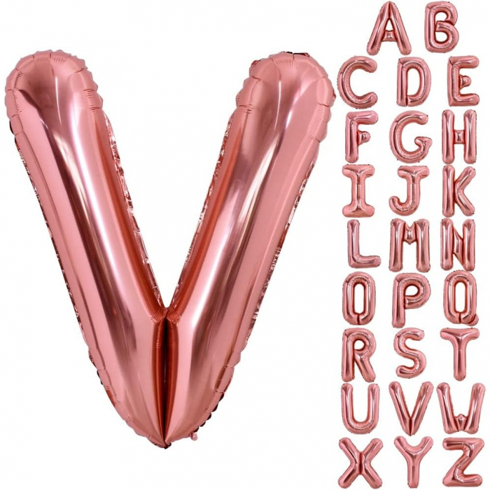 Balon Folie Metalizata Litera V, Flippy, 80 cm, Umflati cu Heliu sau Aer, Ambalaj Individual, Pai inclus, Rose Gold [4]