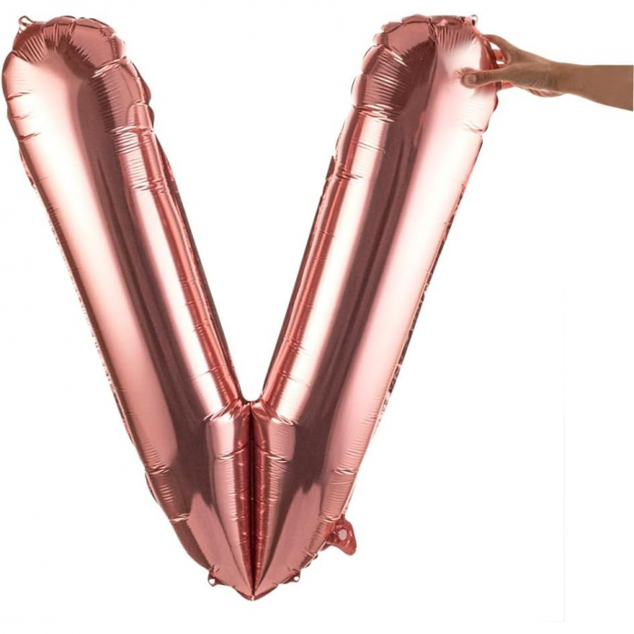Balon Folie Metalizata Litera V, Flippy, 80 cm, Umflati cu Heliu sau Aer, Ambalaj Individual, Pai inclus, Rose Gold [8]