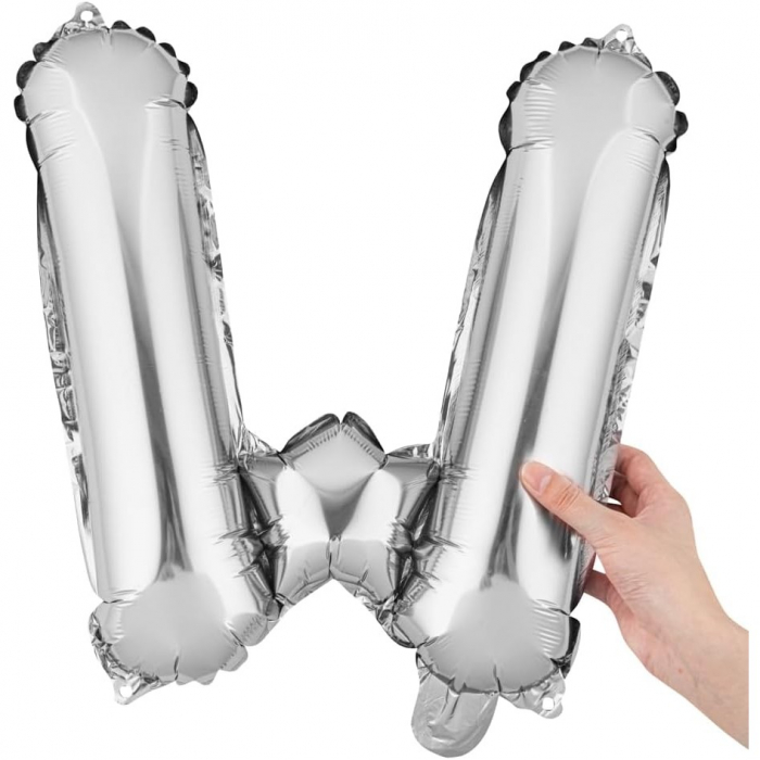 Balon Folie Metalizata Litera W, Flippy, 40 cm, Umflati cu Heliu sau Aer, Ambalaj Individual, Pai inclus, Argintiu [6]