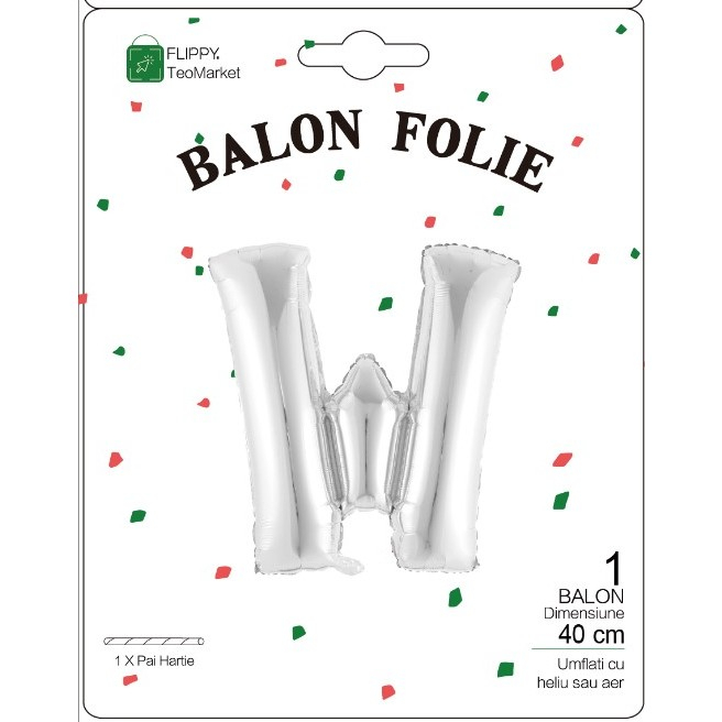 Balon Folie Metalizata Litera W, Flippy, 40 cm, Umflati cu Heliu sau Aer, Ambalaj Individual, Pai inclus, Argintiu [2]