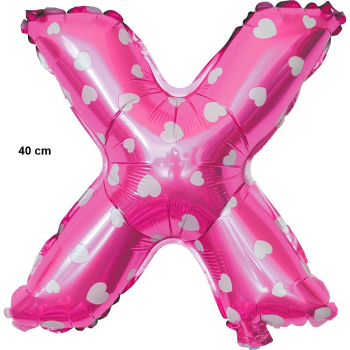 Balon Folie Metalizata Litera X, Flippy, 40 cm, Cu Imprimeu Inimioare, Umflati cu Heliu sau Aer, Ambalaj Individual, Pai inclus, Roz [2]