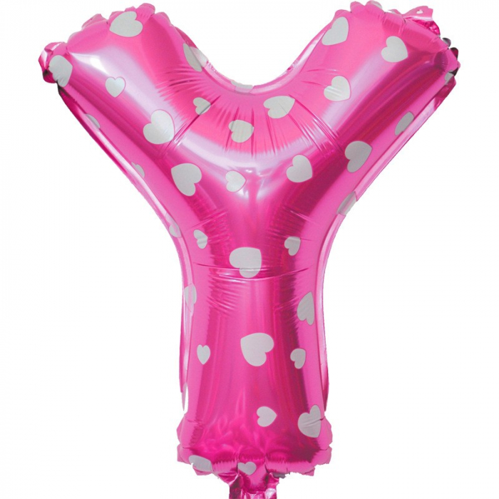 Balon Folie Metalizata Litera Y, Flippy, 40 cm, Cu Imprimeu Inimioare, Umflati cu Heliu sau Aer, Ambalaj Individual, Pai inclus, Roz [1]