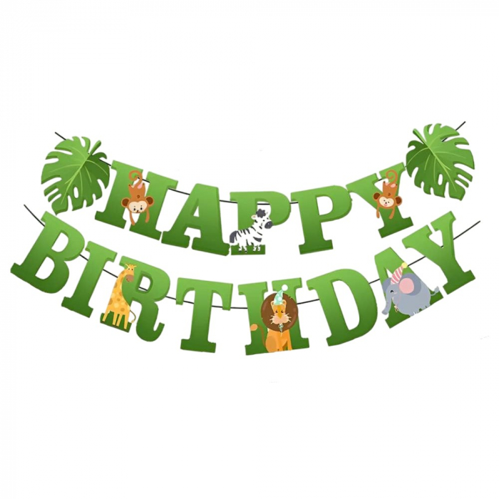 Banner Happy Birthday 100x200 cm, Flippy, Rola de Ata Inclusa, Tematica Jungle, Verde [1]