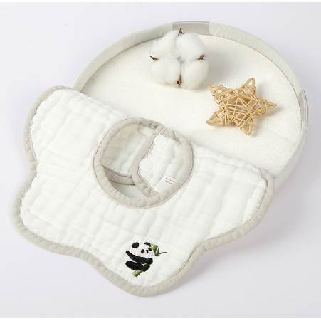 Baveta Tip Floare, Flippy, din Bumbac, pentru Copii 0-12 Luni, Rezistenta la apa, 8 Straturi, Model Tricotat cu Panda, 26 x 29 cm, Alb [1]