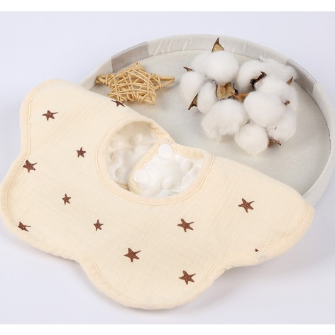 Baveta Tip Floare, Flippy, din Bumbac, pentru Copii 0-12 Luni, Rezistenta la apa, cu Capse, Model cu Stelute, 26 x 29 cm, Crem [1]