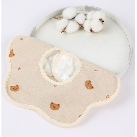 Baveta Tip Floare, Flippy, din Bumbac, pentru Copii 0-12 Luni, Rezistenta la apa, cu Capse, Model cu Ursuleti, 26 x 29 cm, Crem [1]