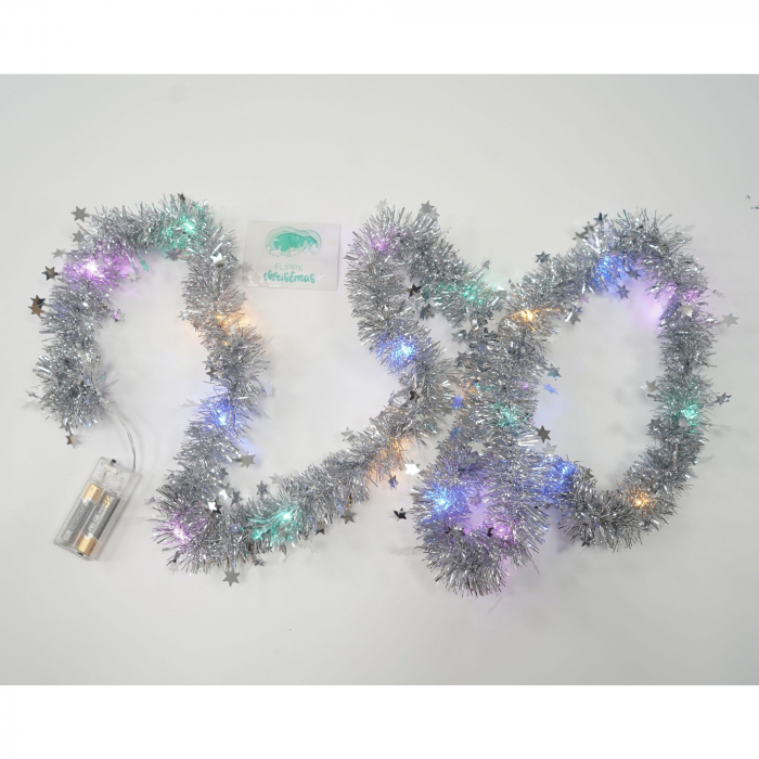 Beteala Craciun cu LED, Argintie, model cu stelute, 2 m x 5 cm, PVC, Sir, Artificiala, Flippy [5]