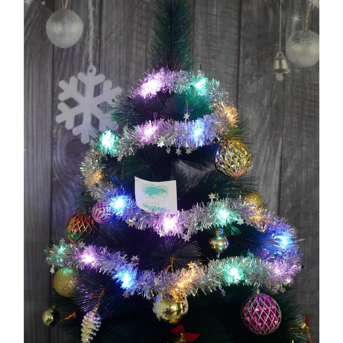 Beteala Craciun cu LED, Argintie, model cu stelute, 2 m x 5 cm, PVC, Sir, Artificiala, Flippy [2]