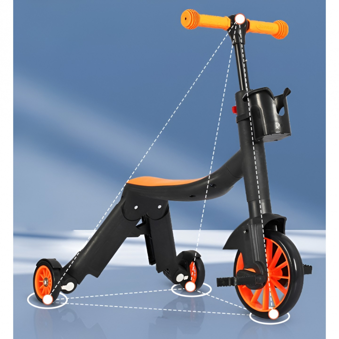 Bicicleta 8 in 1, Flippy, Transformabila, Multifunctionala, Reglare Inaltime, cu Maner de Impingere Detasabil, Tricicleta, Trotineta, 3 Roti, Pedale, Cosulet, 3-6 Ani, Portocaliu [6]