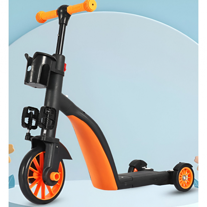 Bicicleta 8 in 1, Flippy, Transformabila, Multifunctionala, Reglare Inaltime, cu Maner de Impingere Detasabil, Tricicleta, Trotineta, 3 Roti, Pedale, Cosulet, 3-6 Ani, Portocaliu [4]