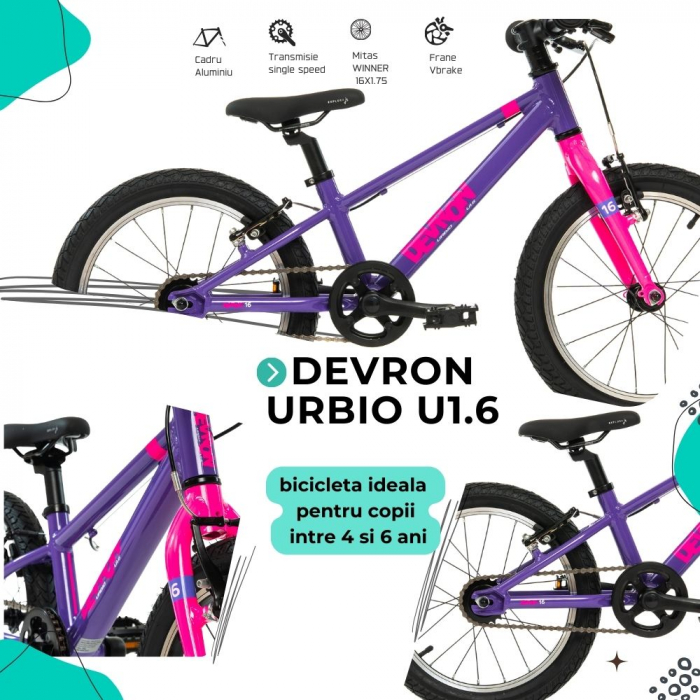 Bicicleta Copii Devron Urbio U1.6 Super Light - 16 Inch, Mov-Roz [4]