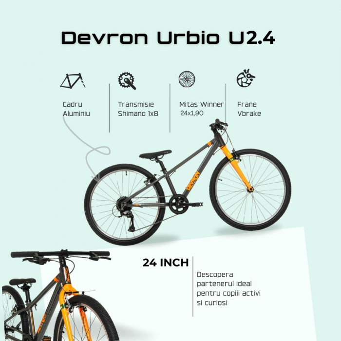 Bicicleta Copii Devron Urbio U2.4 Super Light - 24 Inch, Gri-Portocaliu [4]
