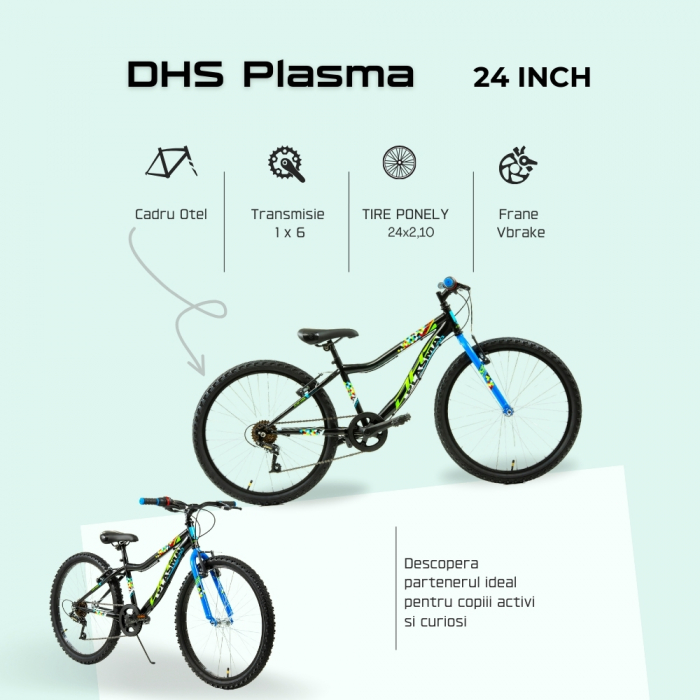 Bicicleta Copii DHS Plasma - 24 Inch, Negru-Albastru [4]