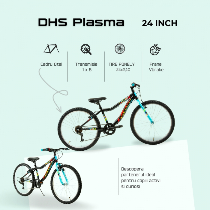 Bicicleta Copii DHS Plasma - 24 Inch, Negru-Roz [4]