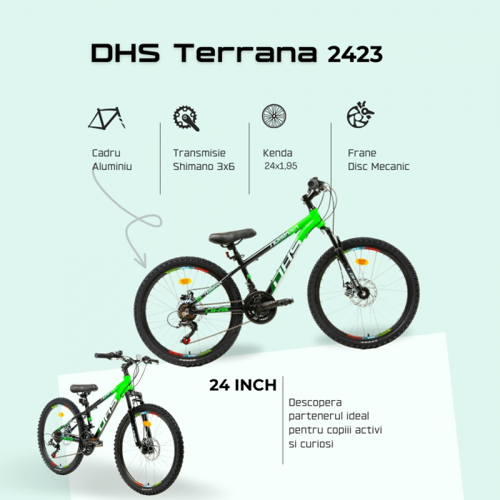 Bicicleta Copii Dhs Terrana 2423 - 24 Inch, Negru/Verde [4]