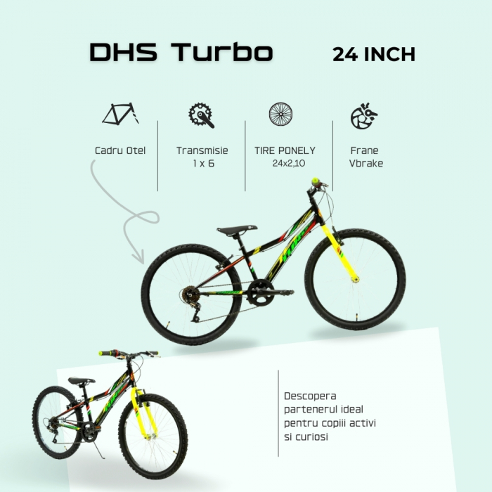 Bicicleta Copii DHS Turbo - 24 Inch, Negru-Verde [4]