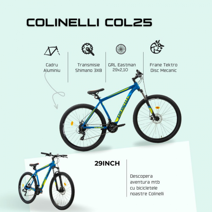 Bicicleta MTB Colinelli COL25, Marimea M, 29 inch, Albastru, Schimbator Shimano ST-EF500 EZ-FIRE PLUS, 24 Viteze, Cadru Aluminiu, Frane pe Disc [4]