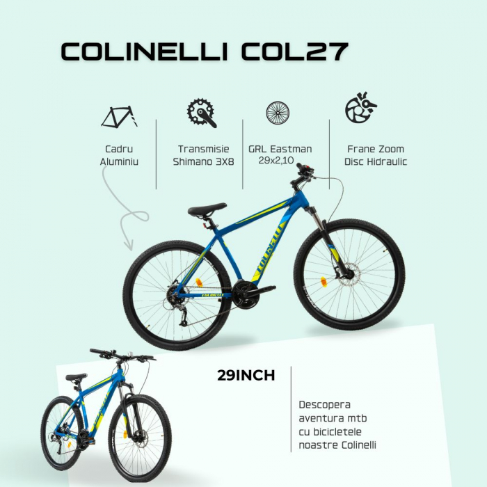 Bicicleta MTB Colinelli COL27, Marimea M, 29 inch, Albastru, Schimbator Shimano Altus, 24 Viteze, Cadru Aluminiu, Frane pe Disc [4]