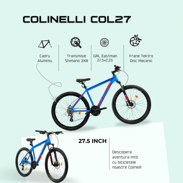 Bicicleta MTB Colinelli COL27, Marimea S, 27.5 inch, Albastru, Schimbator Shimano Altus, 24 Viteze, Cadru Aluminiu, Frane pe Disc [4]